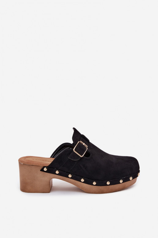 Chinelos Tamancos Feminino com salto com fivelas cor preta Veldexina