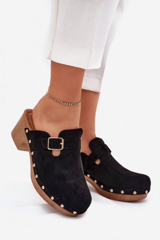 Chinelos Tamancos Feminino com salto com fivelas cor preta Veldexina