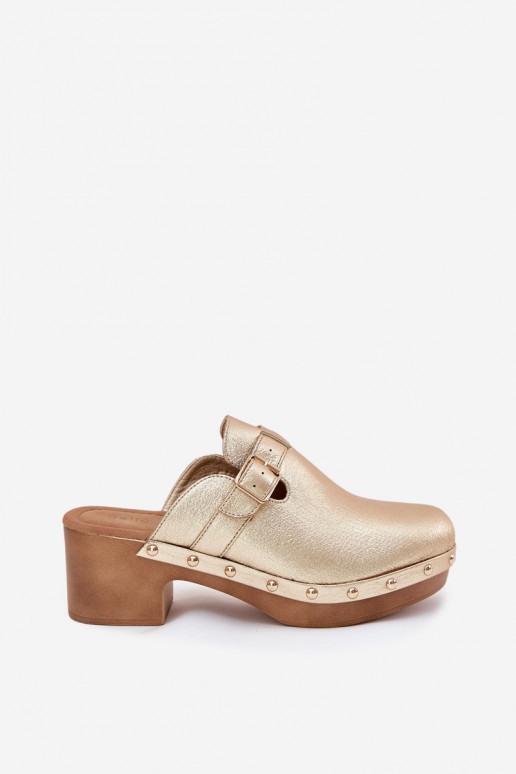 Chinelos Tamancos Feminino com salto com fivelas cor dourada Veldexina