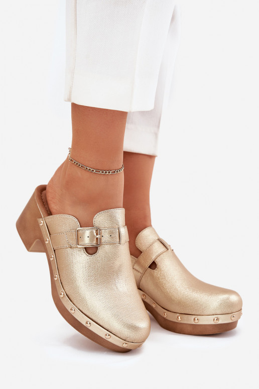 Chinelos Tamancos Feminino com salto com fivelas cor dourada Veldexina