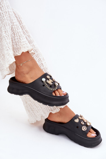 Chinelos leves Chinelos femininos Ze cor douradami Przypinkami cor preta Hortiana