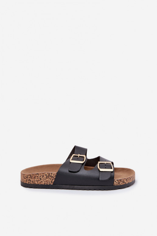 Chinelos femininos com fivelas de couro ecológico cor preta Iskira Chinelos femininos com fivelas de couro ecológico cor preta Iskira