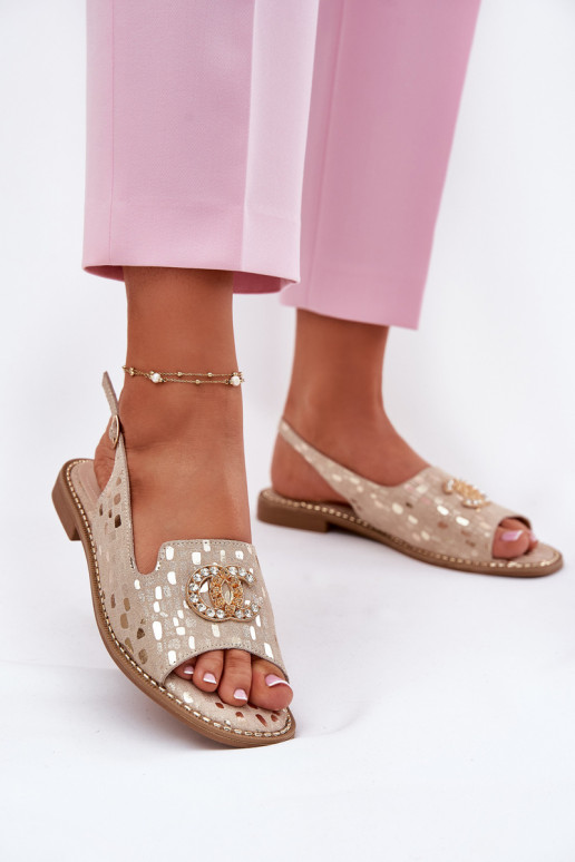 Sandálias femininas com enfeites com salto largo S.Barski KV51-096 cor dourada Sandálias femininas com enfeites com salto largo S.Barski KV51-096 cor dourada