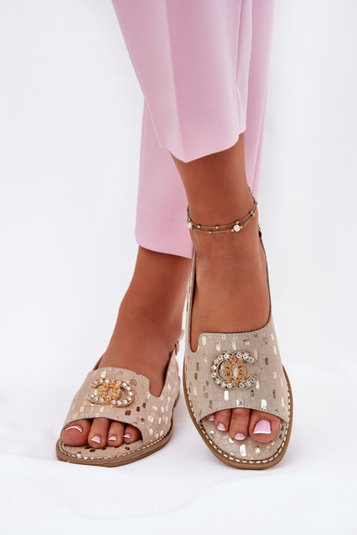 Sandálias femininas com enfeites com salto largo S.Barski KV51-096 cor dourada Sandálias femininas com enfeites com salto largo S.Barski KV51-096 cor dourada