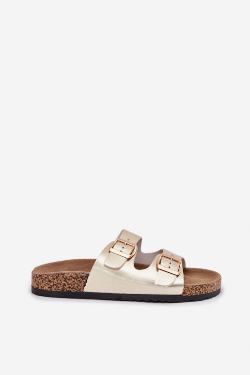 Chinelos femininos com fivelas de couro ecológico cor dourada Iskira Chinelos femininos com fivelas de couro ecológico cor dourada Iskira