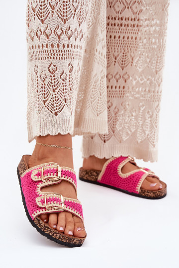 SzydełkoParae Chinelos femininos Ze cor douradami com fivelasmi cor rosa Fenira