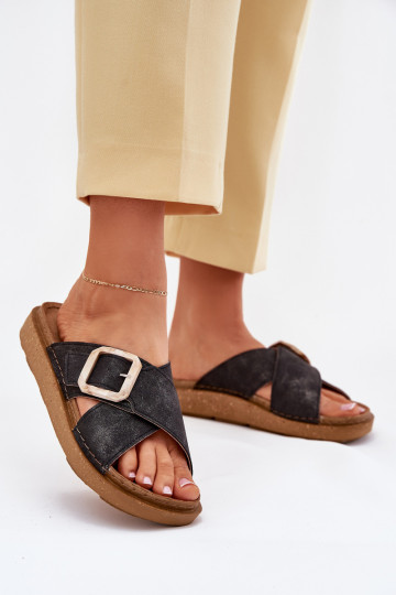 Chinelas femininas com fivelas Inblu ED000025 na cor preta