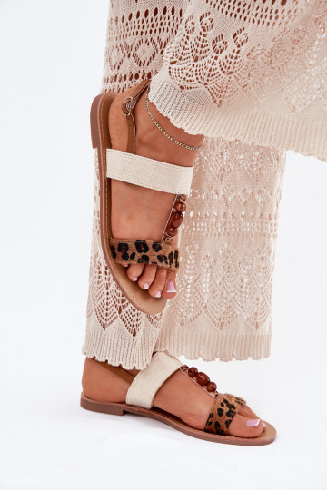 Sandálias rasteiras para mulheres com miçangas com padrões de pele de leopardo cor marrom Virona