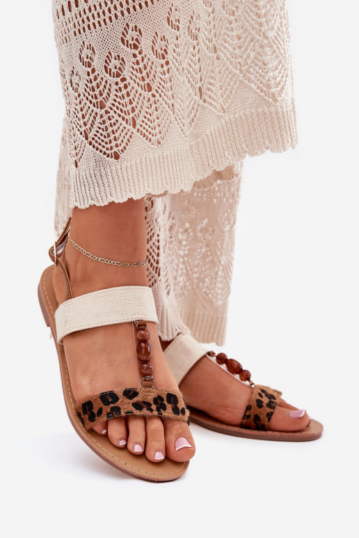 Sandálias rasteiras para mulheres com miçangas com padrões de pele de leopardo cor marrom Virona