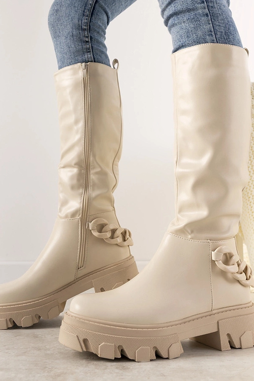 Botins cor areia com corrente, "Coniak"