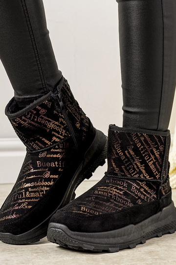 Botas de neve Crescent femininas pretas e douradas