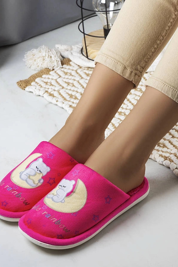 Pantufas de lua arco-íris macias rosa neon