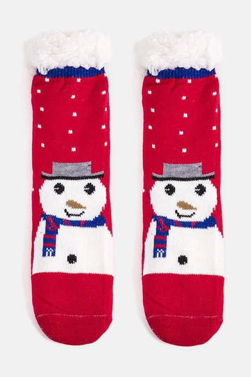 Meias vermelhas isoladas com Challi, o boneco de neve