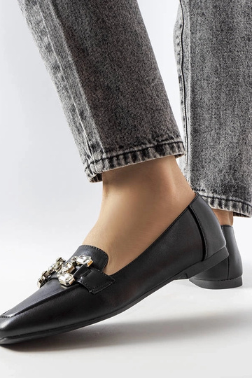Mocassim feminino preto com zircônias, couro, bico quadrado, Marechal 2