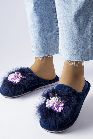 Pantufas quentes azul marinho com flores Moly