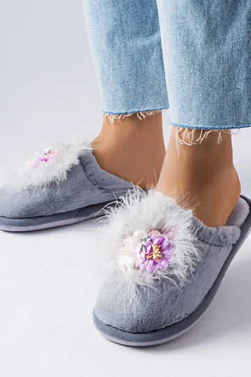 Pantufas quentes cinza com flores Moly
