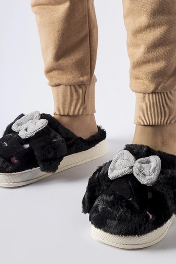 Pantufas pretas quentinhas com orelhinhas e laço Gilda