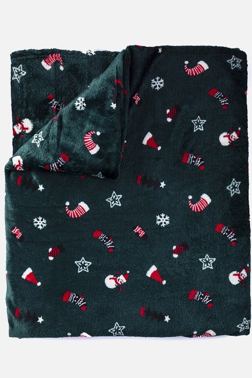 Cobertor verde com padrões natalinos...