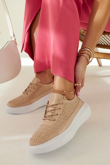 Tênis feminino dourado na plataforma, cadarço, vazado, Lori