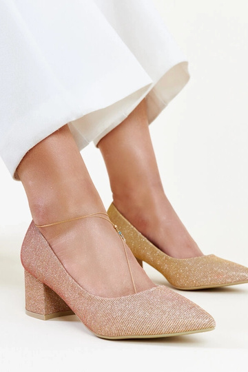 Sapatos brilhantes rosa da Laity com salto bloco