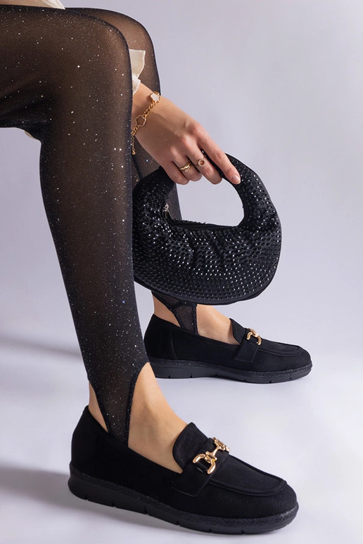 Mocassins femininos pretos de camurça...