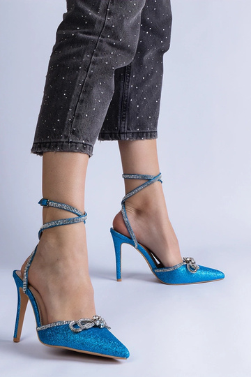 Sapatos azuis femininos Gemre com salto alto, amarrados com glitter e laço em ponto Merkuri