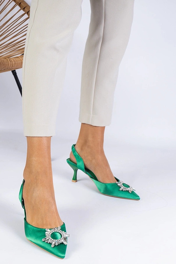 Sapatos de cetim verde com salto aberto e elegante detalhe Melossi 2