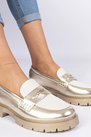 Mokasyny dourados femininos com detalhe branco Sugetti 2