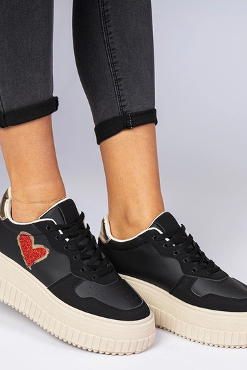 Sneakers femininos pretos com coração de glitter Laira