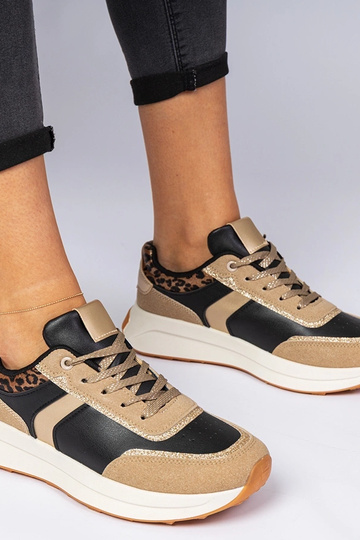 Sneakers femininos pretos com glitter e detalhe de padrão animal Markuta