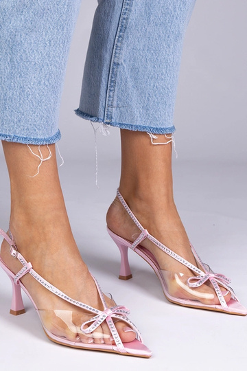Sandalhas rosa transparentes de salto com pedras de zircônio, "Kloksi"