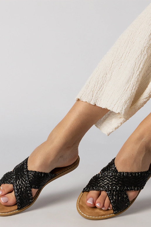 Chinelas trançadas femininas pretas,...