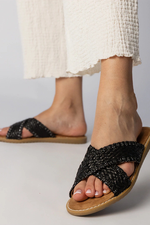 Chinelas trançadas femininas pretas,...