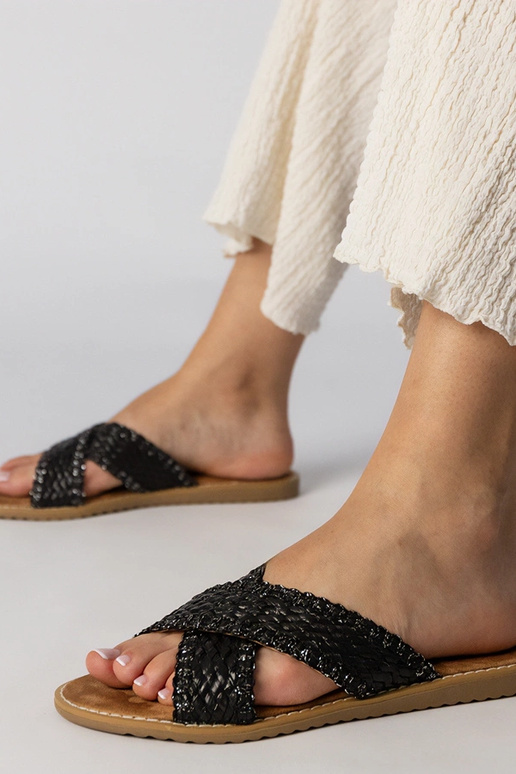 Chinelas trançadas femininas pretas,...