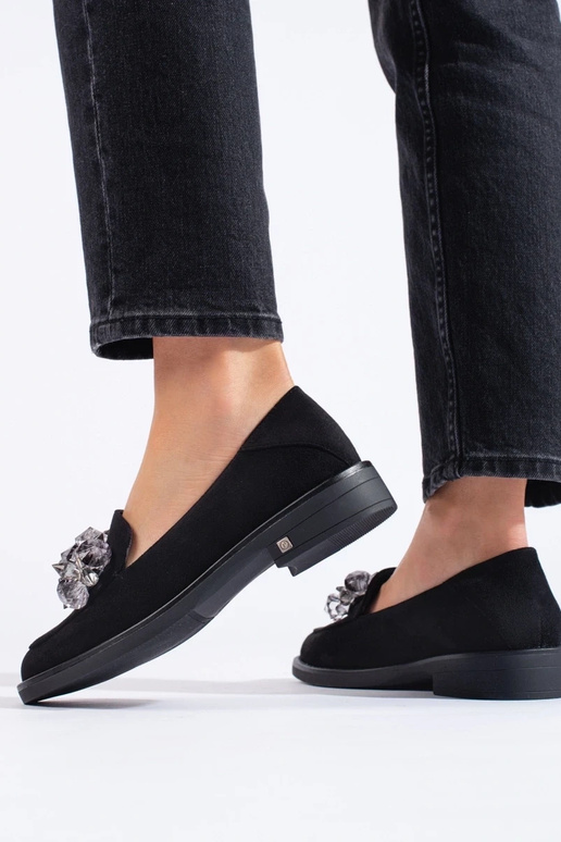 Mocassins femininos de camurça preta... Mocassins femininos de camurça preta...