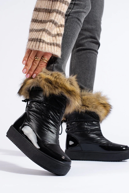 Botas femininas de neve pretas com pele