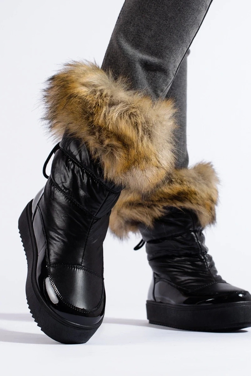 Botas femininas de neve pretas com pele