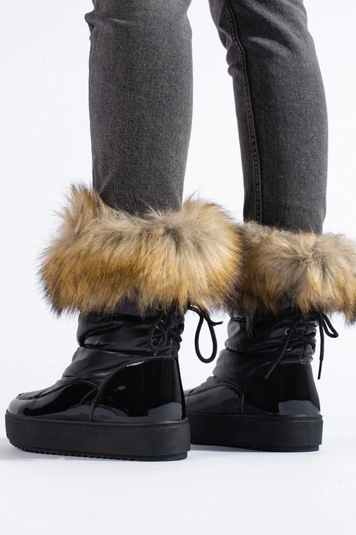 Botas femininas de neve pretas com pele