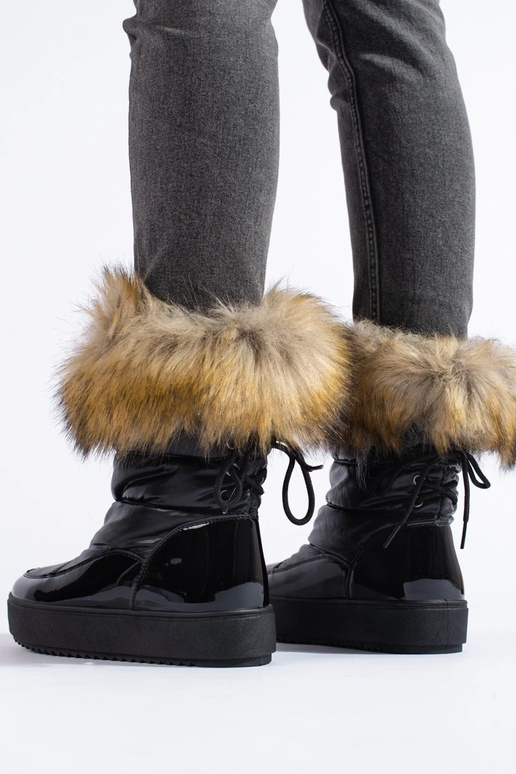 Botas femininas de neve pretas com pele