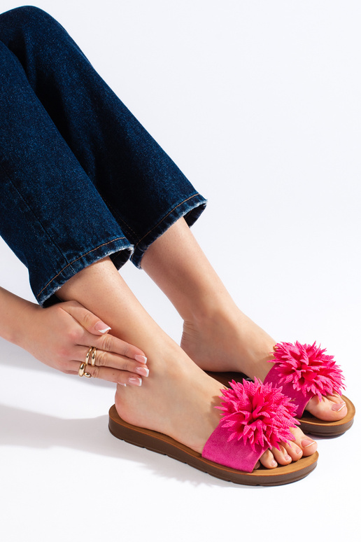 Chinelos femininos fúcsia com flor