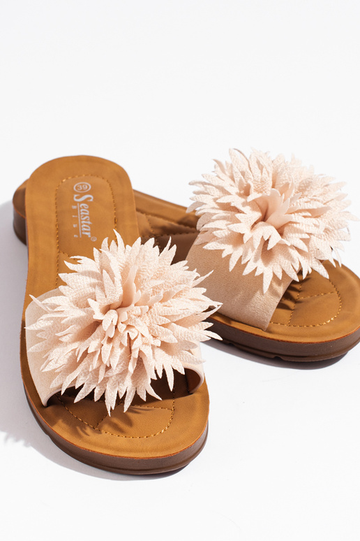 Chinelos femininos bege com flor