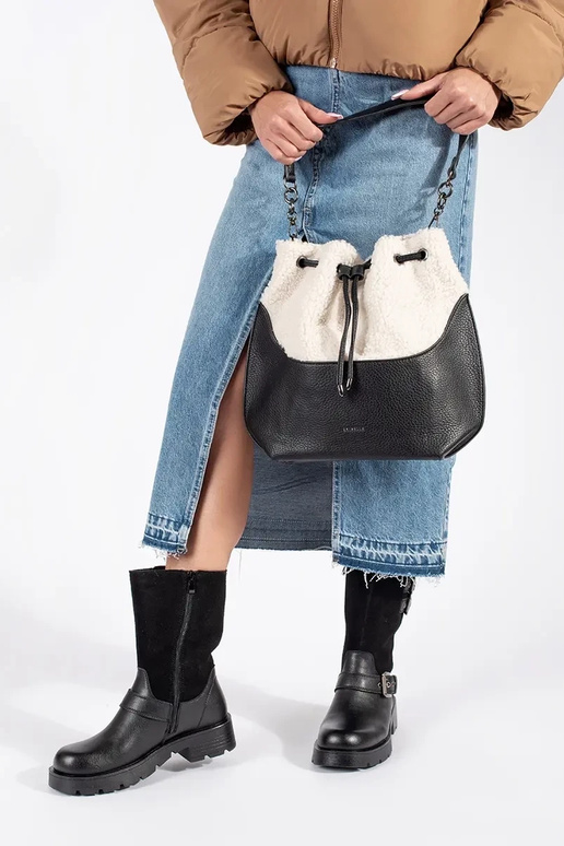 Mala de mão preta elegante com pelo