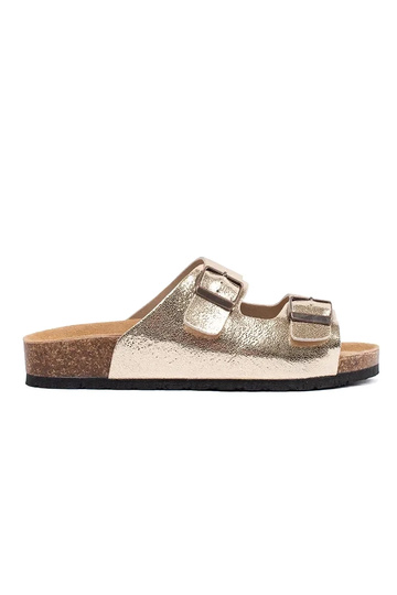 Chinelos na cor dourada com...