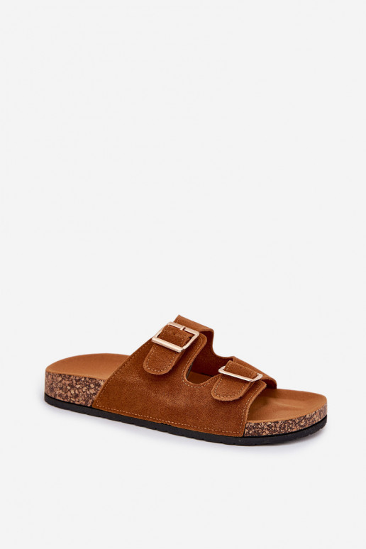 Chinelos femininos Ze cor douradami com fivelasmi I Przeszyciami cor marrom Lunera