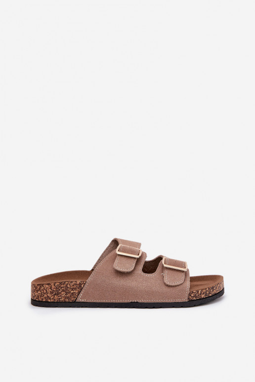 Chinelos femininos Ze cor douradami com fivelasmi I Przeszyciami cor cáqui Lunera