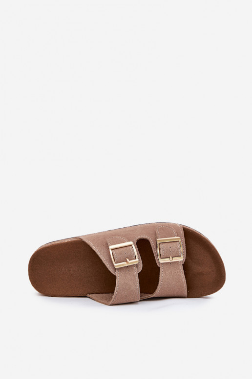 Chinelos femininos Ze cor douradami com fivelasmi I Przeszyciami cor cáqui Lunera