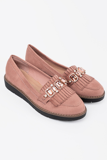 cor rosa de camurça mocassins decorado com cristais