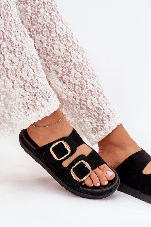 Chinelos femininos com uma plataforma Ze cor douradami com fivelasmi cor preta Verena