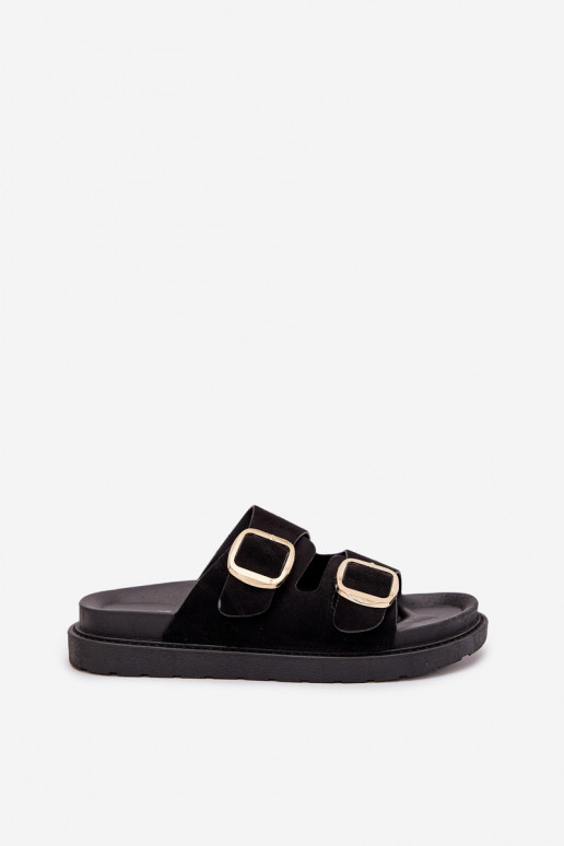 Chinelos femininos com uma plataforma Ze cor douradami com fivelasmi cor preta Verena