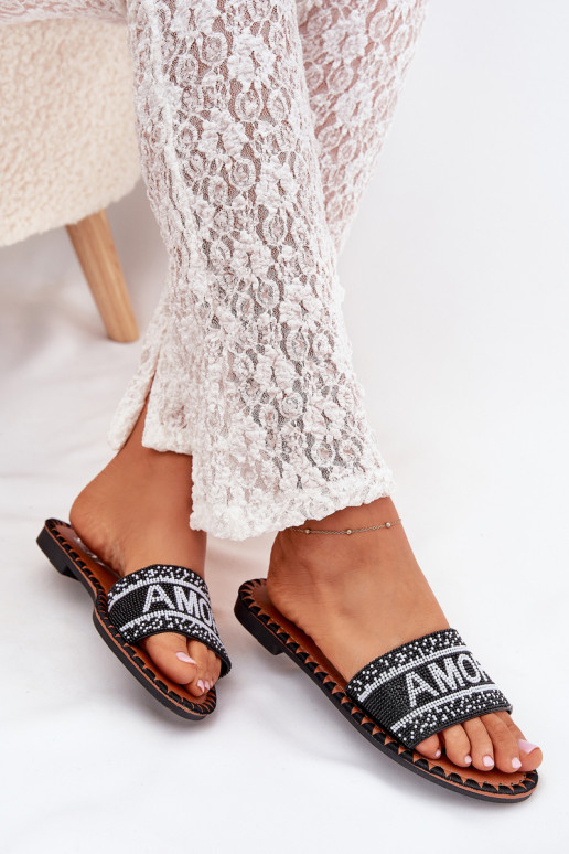 Chinelos femininos com salto largo Com decoração Amore cor preta Avelina